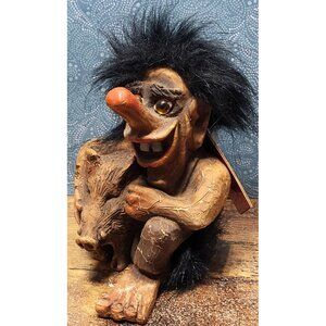 Creepy Fosse Troll w/ Boar Black Hair Original Tag Vintage Collectible Norway